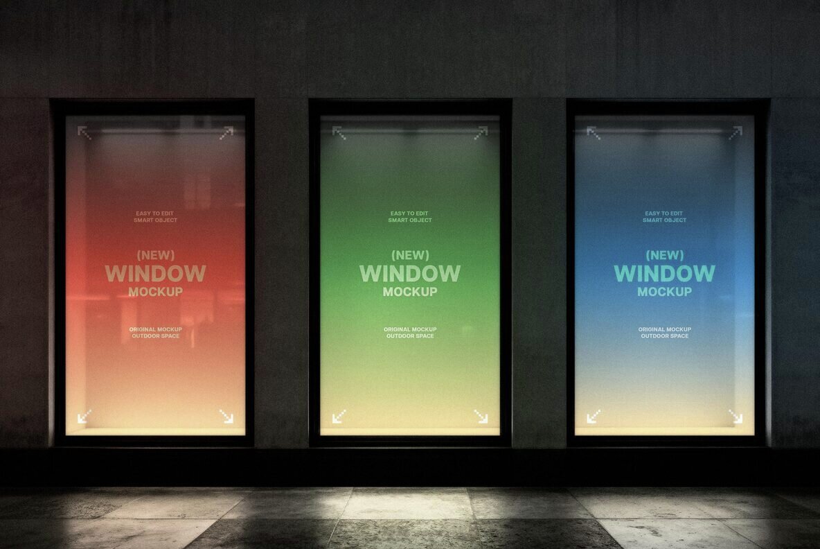 3 Glowing Storefront Windows Mockup 2