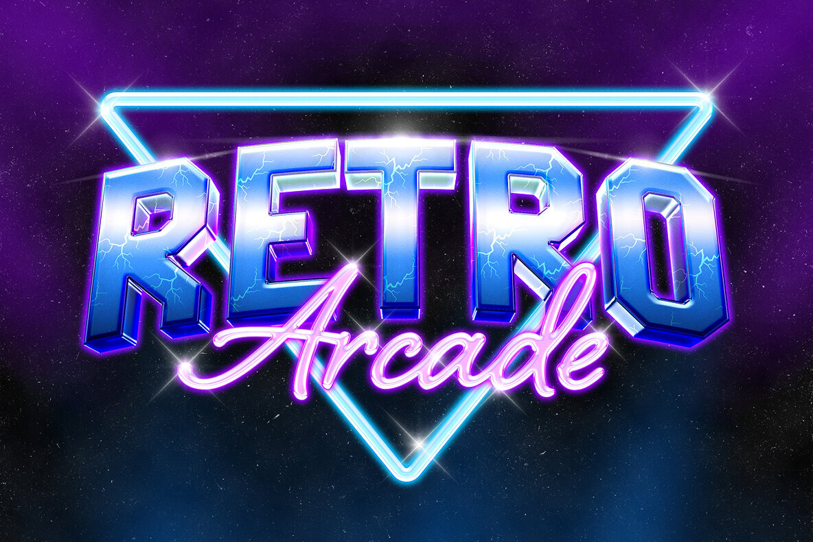 Retro Arcade Text Effect   80s Neon Chrome PSD Template 1