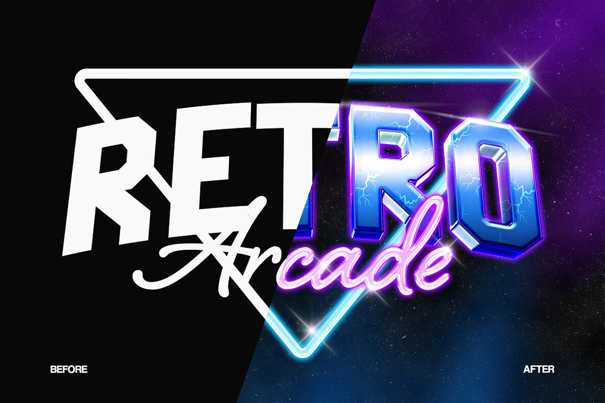Retro Arcade Text Effect   80s Neon Chrome PSD Template 4