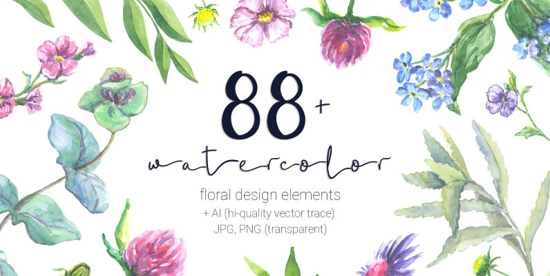 88 Watercolor Floral Set