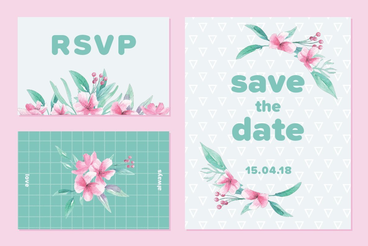 Aqua Pink Flowers Watercolor Package Aqua Pink Flowers Watercolor Package