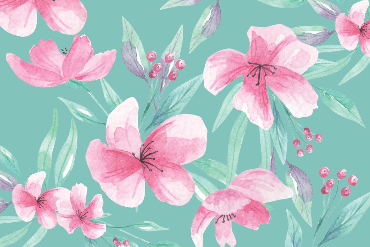 Aqua Pink Flowers Watercolor Package Aqua Pink Flowers Watercolor Package