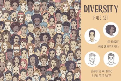 Diversity Face Set   100 Hand Drawn Faces