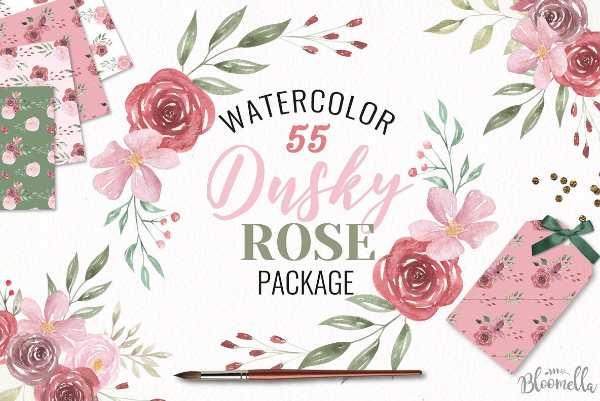 Dusky Pink Rose   Red Florals Watercolor Package