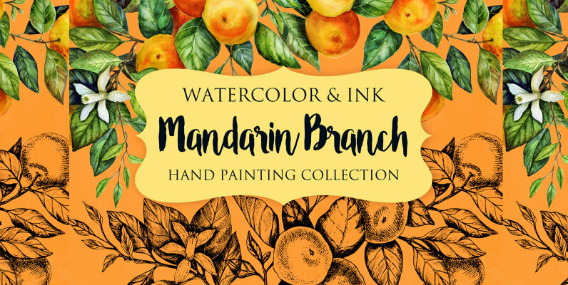 Mandarin Branch Watercolor   Ink
