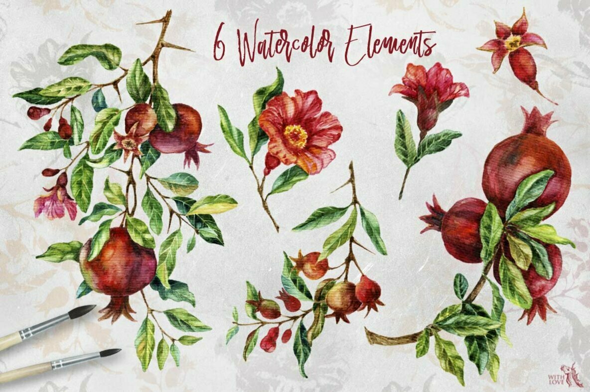 Burgundy Pomegranate Watercolor Set 2