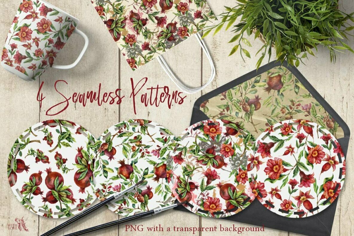 Burgundy Pomegranate Watercolor Set 3