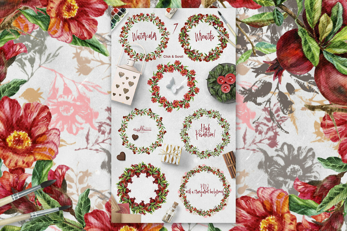 Burgundy Pomegranate Watercolor Set 4