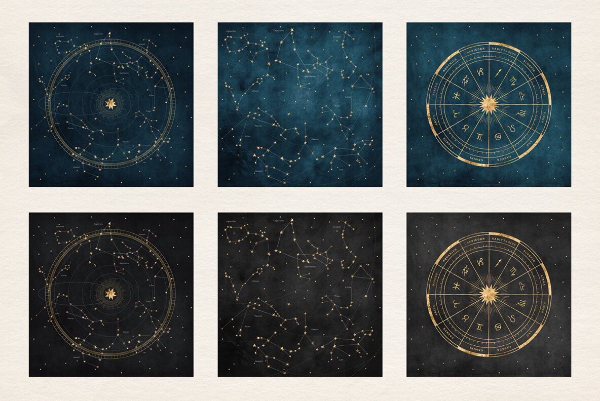 The Star Atlas Golden Set of Astrology Icons Backgrounds The Star Atlas Golden Set of Astrology Icons Backgrounds