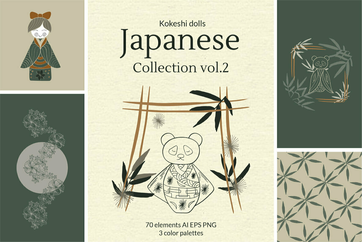 Japanese Kokeshi Doll Linear Clipart Collection 1