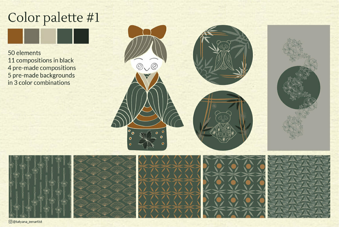 Japanese Kokeshi Doll Linear Clipart Collection 2