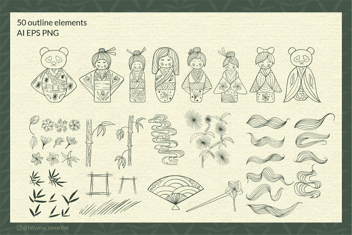 Japanese Kokeshi Doll Linear Clipart Collection 3