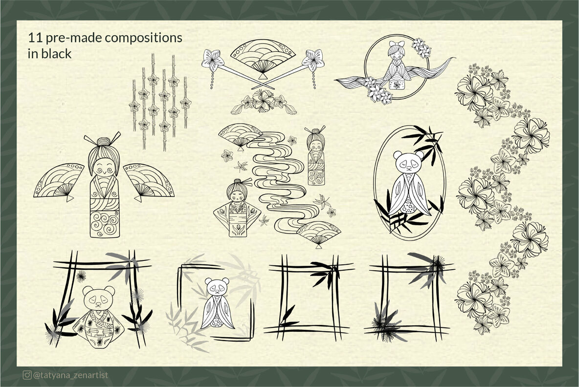 Japanese Kokeshi Doll Linear Clipart Collection 4