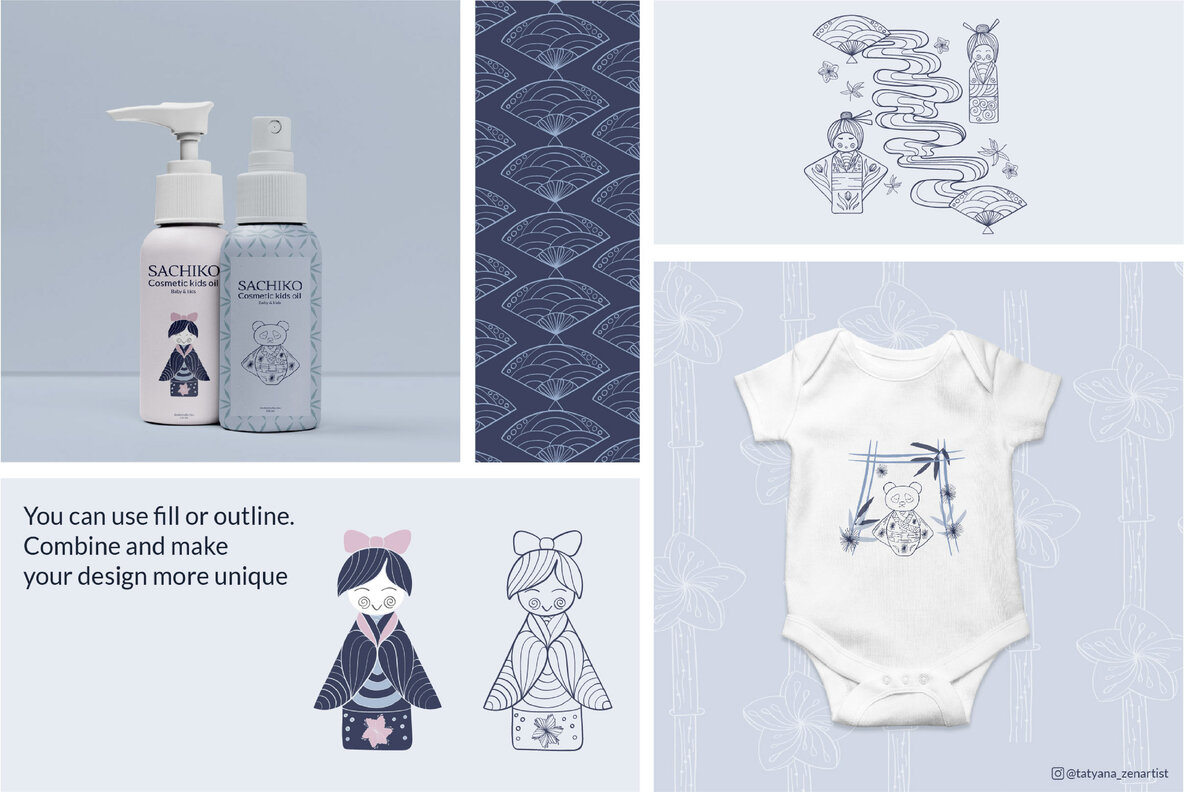 Japanese Kokeshi Doll Linear Clipart Collection 8