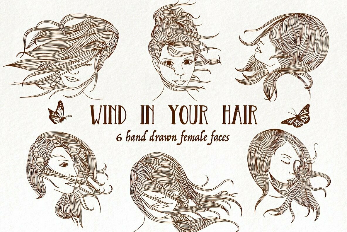 Six Hand Drawn Female Faces   Wind In Your Hair 1