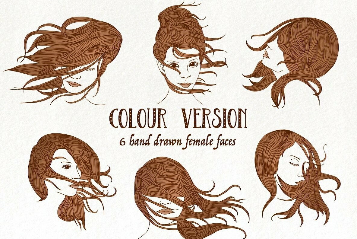 Six Hand Drawn Female Faces   Wind In Your Hair 3