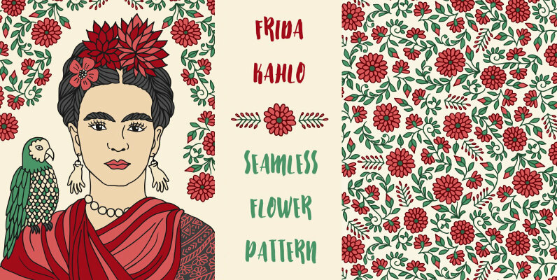 Portrait of Frida and Flower Pattern