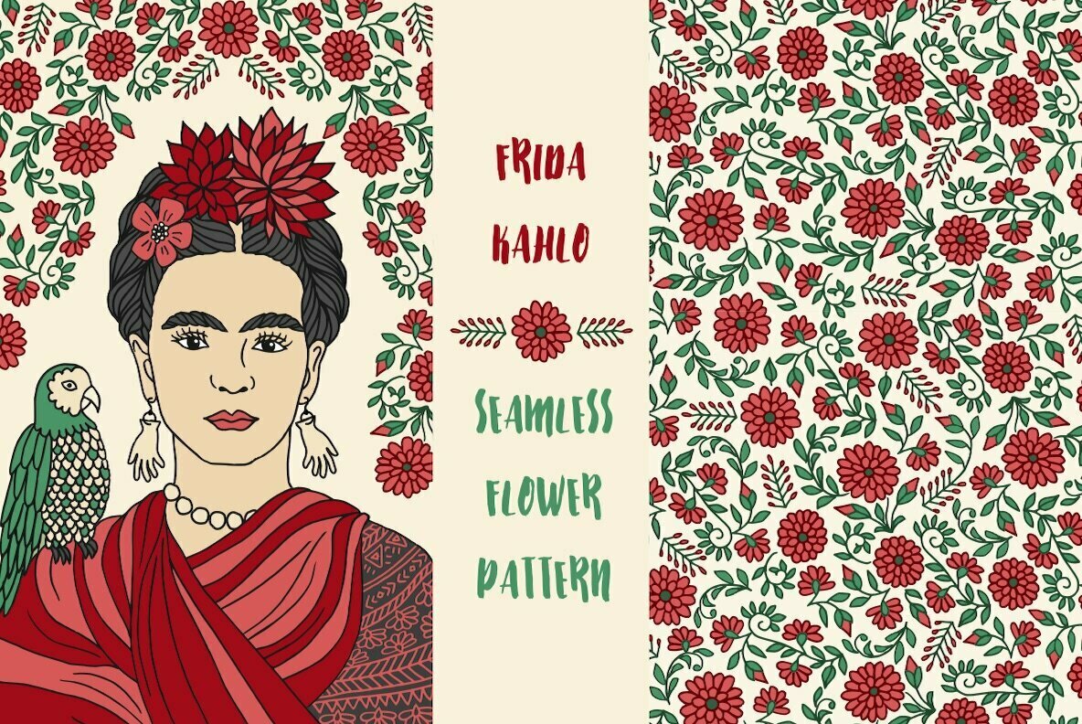 Portrait of Frida and Flower Pattern 1