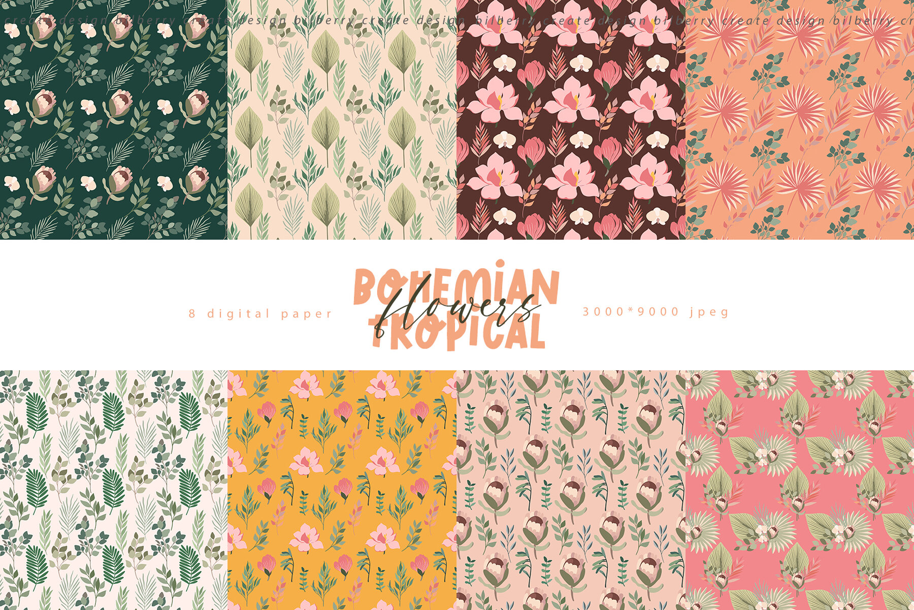 Bohemian Tropical Flowers Art Set 6