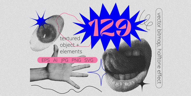 129 Vector Halftone Bitmap Shapes