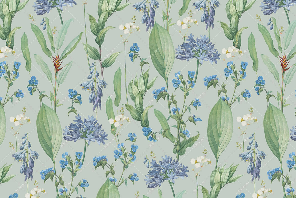Sky Blue Botanic Floral Pattern and Elements 3