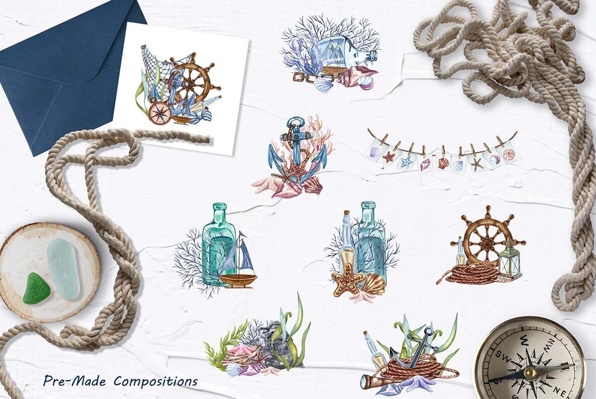 Nautical Seaside Watercolor Set 3