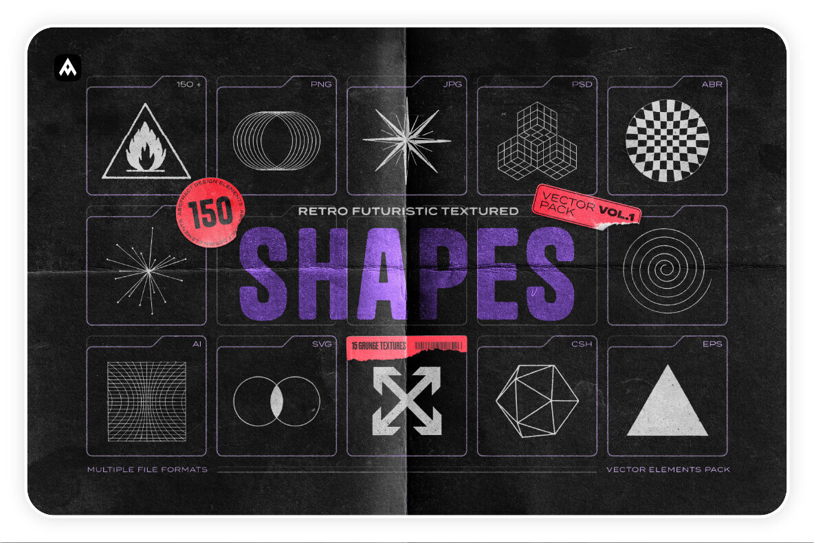 150 Retro Futuristic Textured Shapes Pack 1