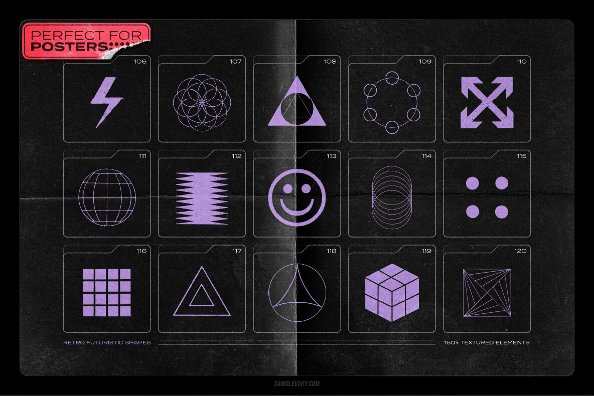 150 Retro Futuristic Textured Shapes Pack 12