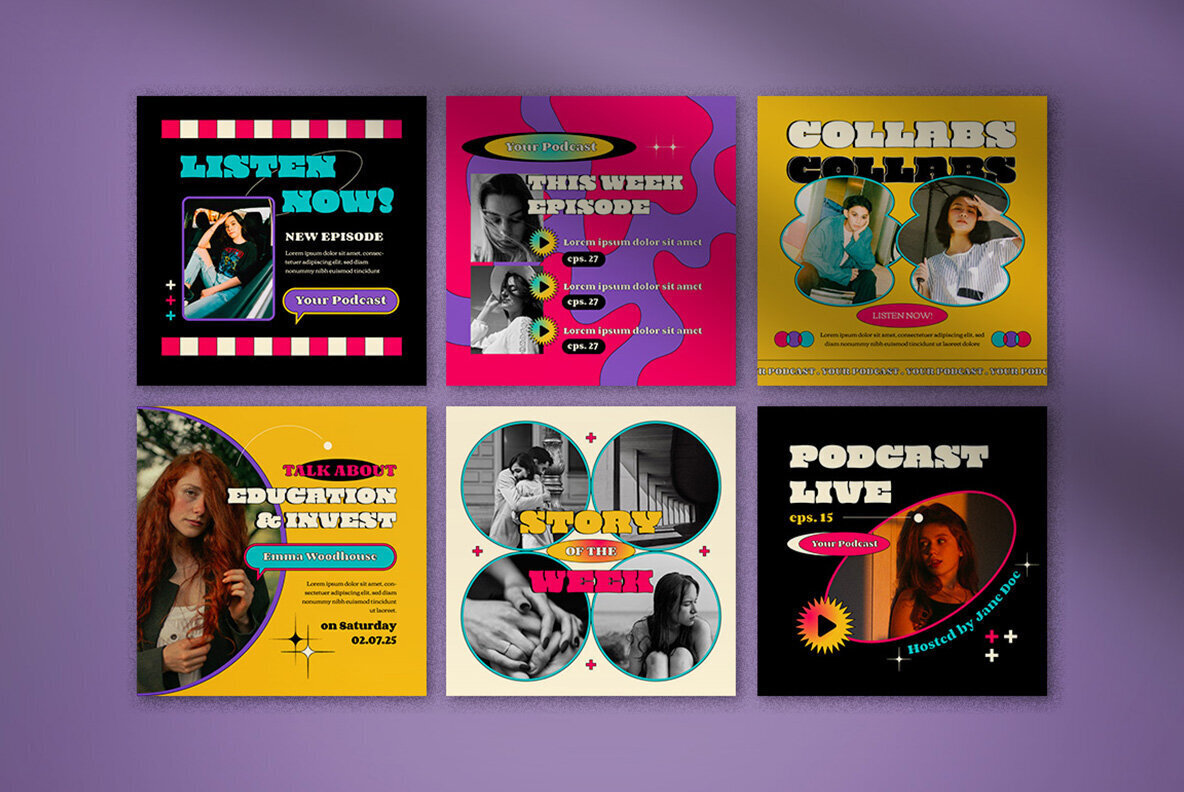 Purple Retro Podcast Instagram Pack 3