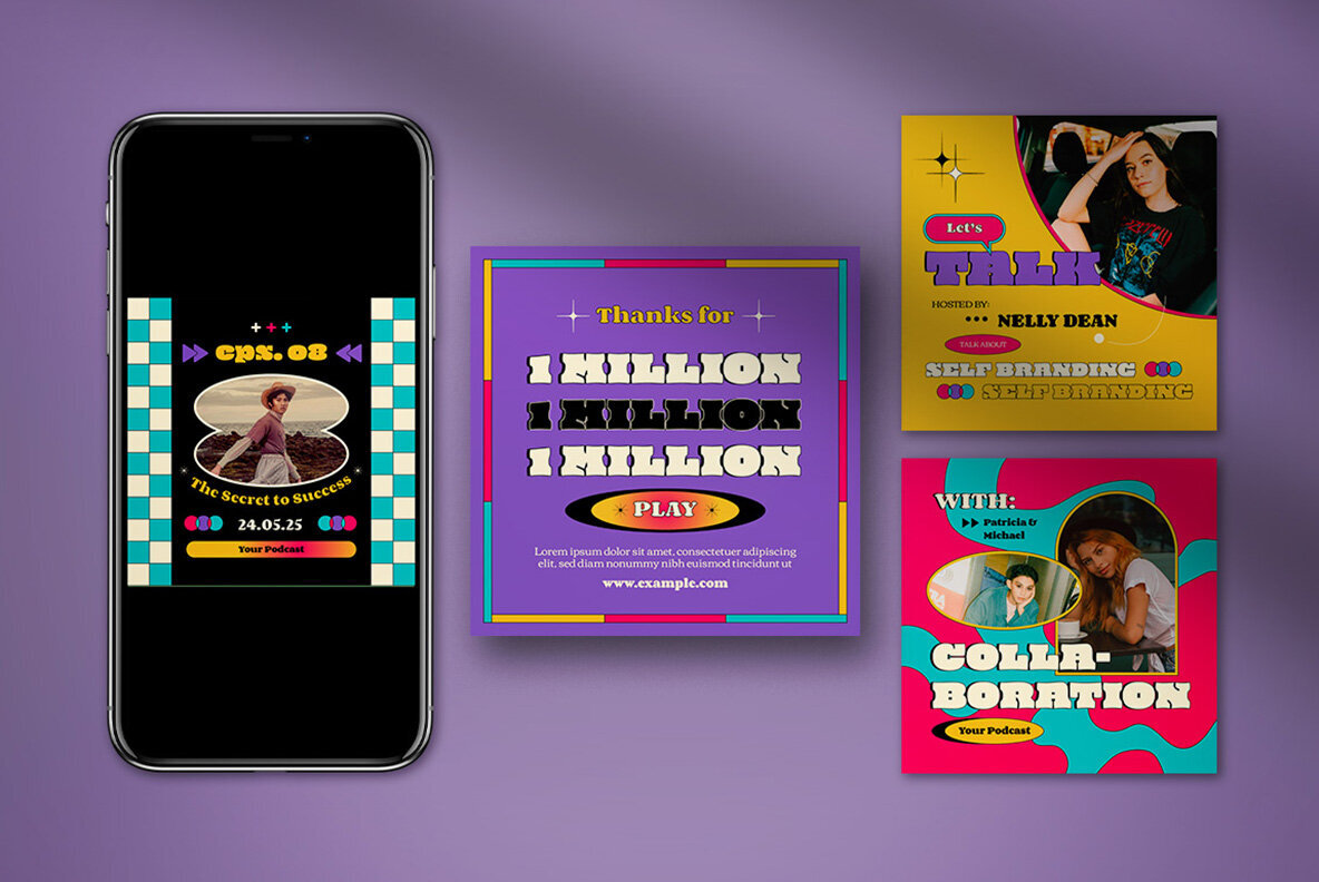 Purple Retro Podcast Instagram Pack 4