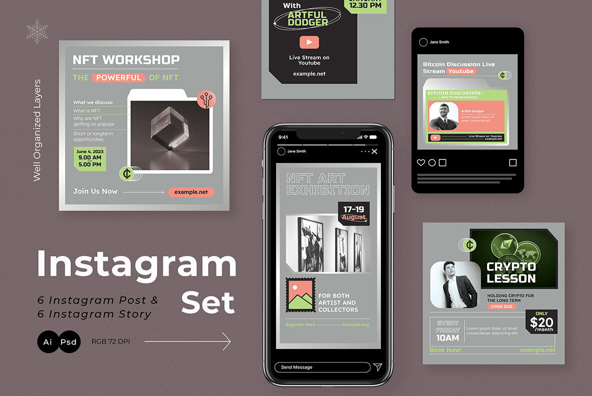 Grey Flat Design Crypto Bitcoin and NFT Instagram Pack 2
