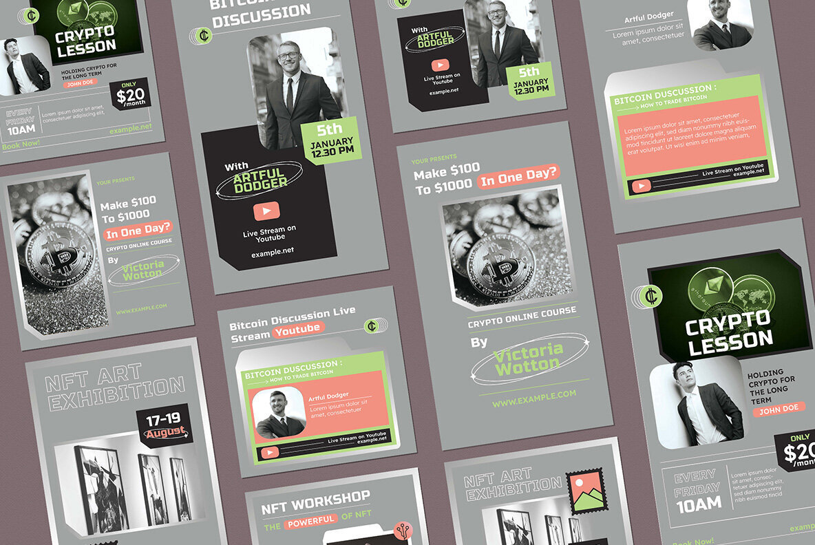 Grey Flat Design Crypto Bitcoin and NFT Instagram Pack 3