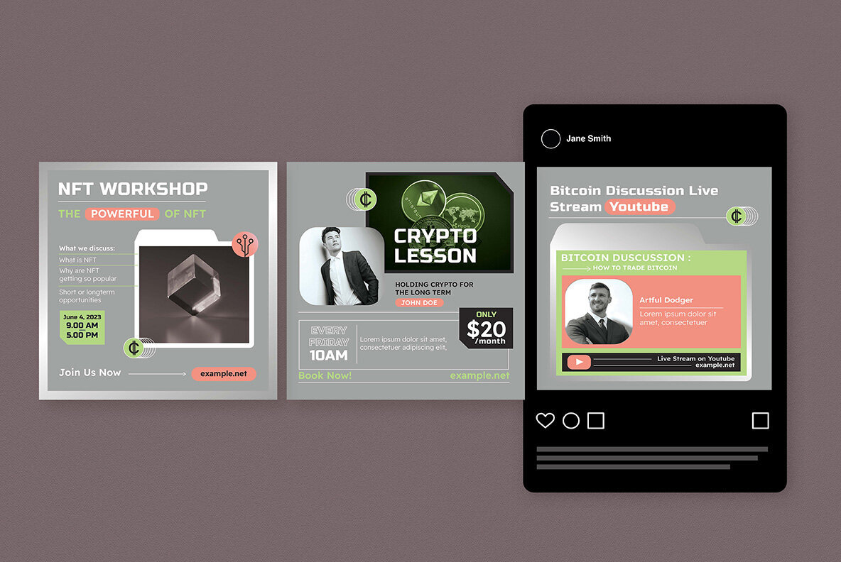 Grey Flat Design Crypto Bitcoin and NFT Instagram Pack 4