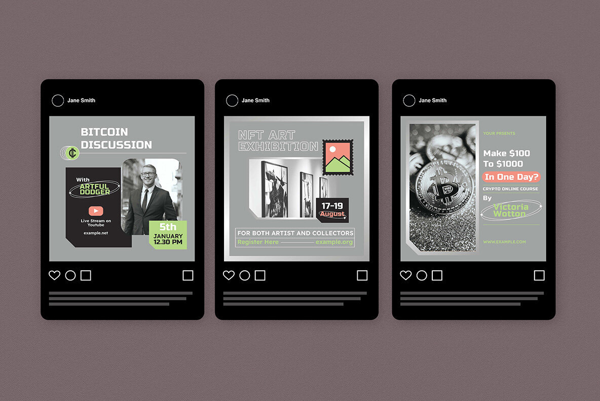 Grey Flat Design Crypto Bitcoin and NFT Instagram Pack 5