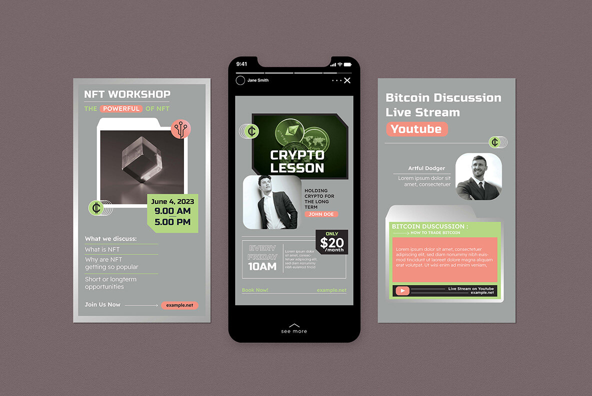 Grey Flat Design Crypto Bitcoin and NFT Instagram Pack 6