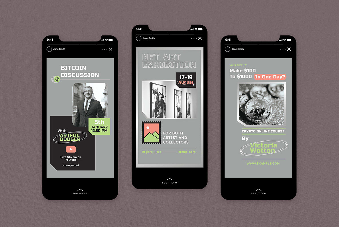 Grey Flat Design Crypto Bitcoin and NFT Instagram Pack 7