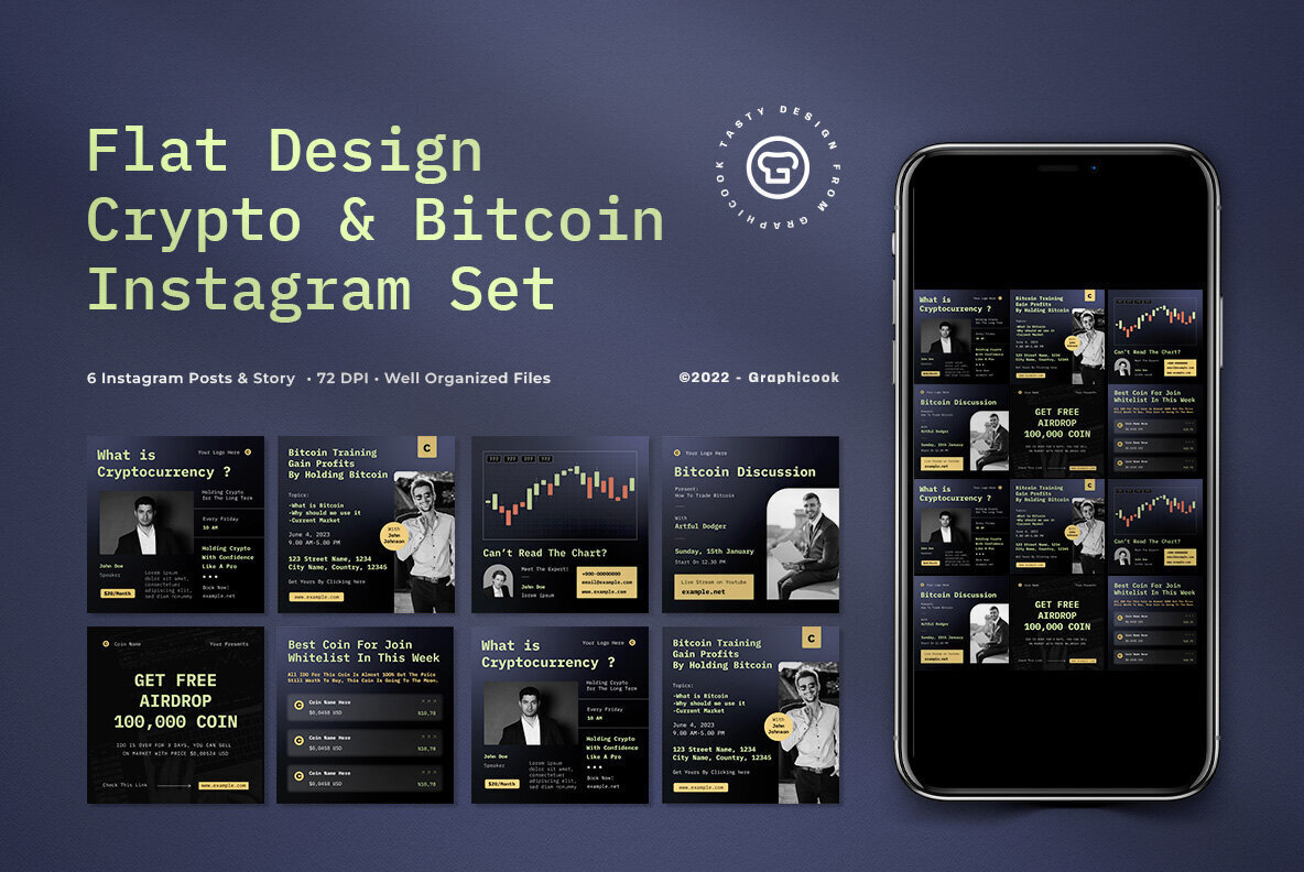 Navy Flat Design Crypto and Bitcoin Instagram Pack 1