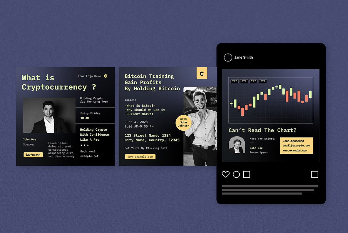 Navy Flat Design Crypto and Bitcoin Instagram Pack 4