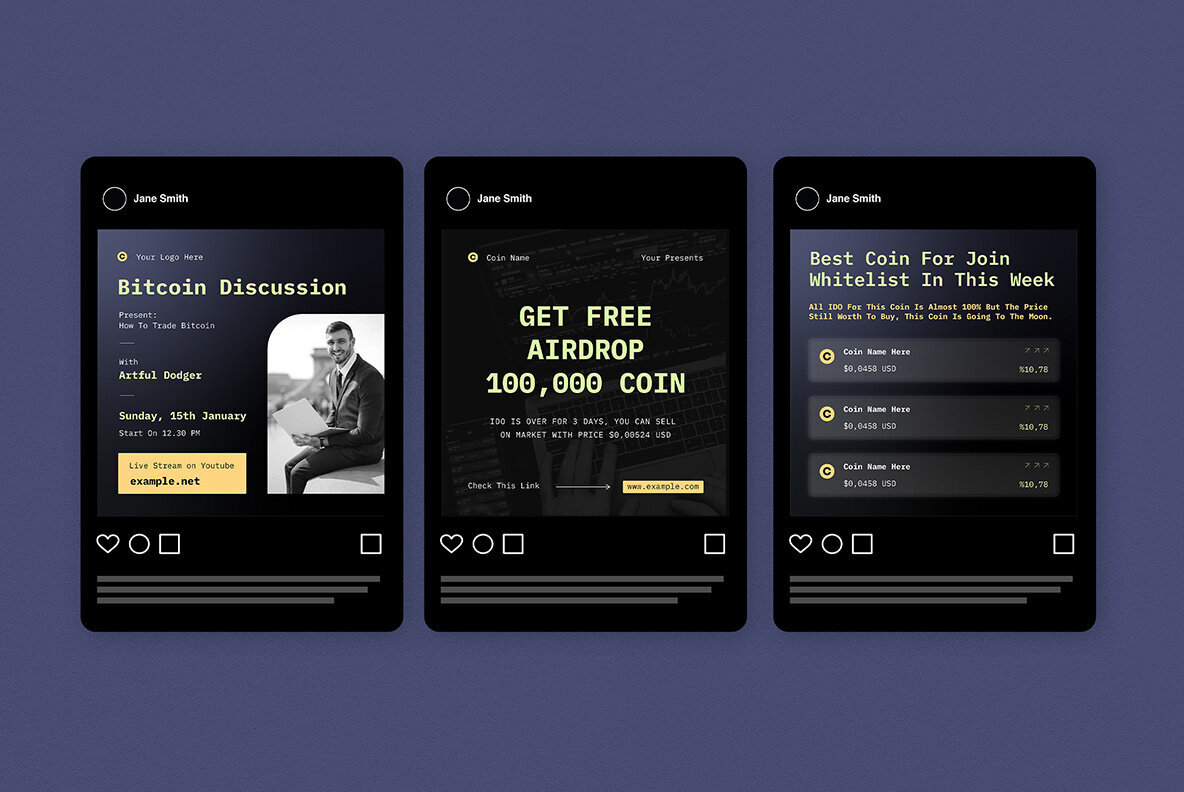 Navy Flat Design Crypto and Bitcoin Instagram Pack 5