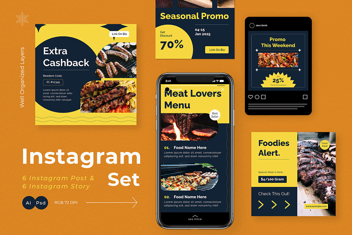 Navy Flat Design Food Instagram Pack 2