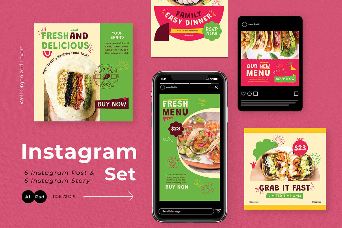 Cream Fat Design Mexican Food Instagram Pack 2