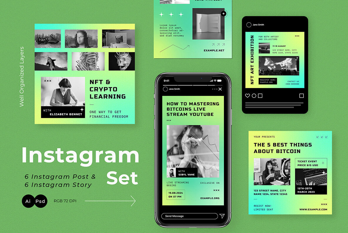 Green Gradient Bitcoin  Crypto and NFT Instagram Pack 2