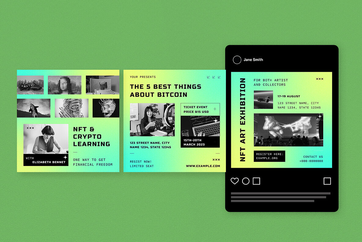 Green Gradient Bitcoin  Crypto and NFT Instagram Pack 4