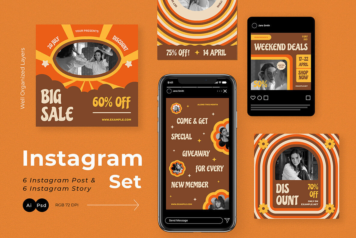 Orange 70s Fashion Sale Instagram Pack 2