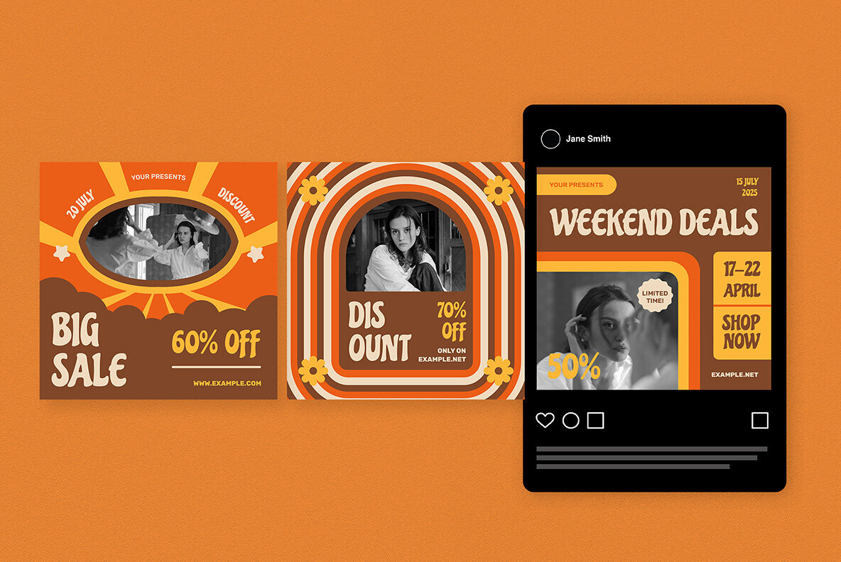 Orange 70s Fashion Sale Instagram Pack 4