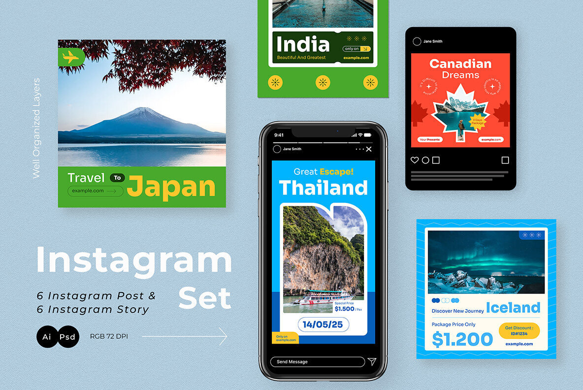 Blue Flat Design Travel Instagram Pack 2