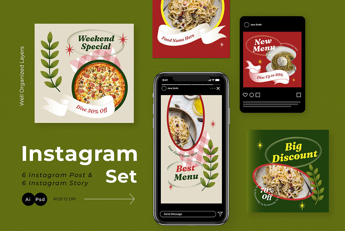 Green Modern Design Italian Food Instagram Pack 2