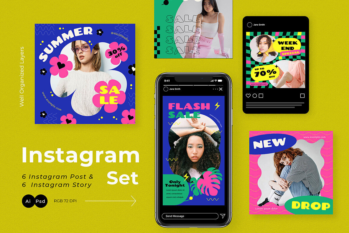 Yellow Flat Design Summer Sale Instagram Pack 2