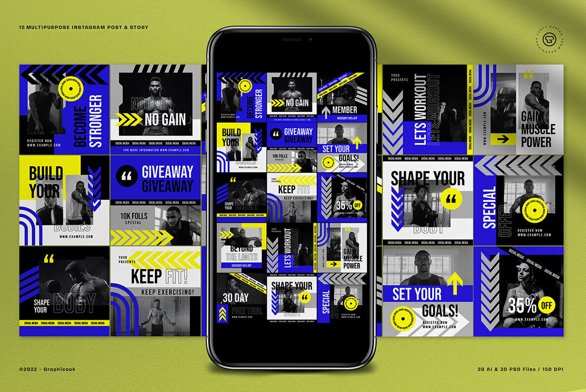 Blue Yellow Geometric Gym Instagram Pack 2