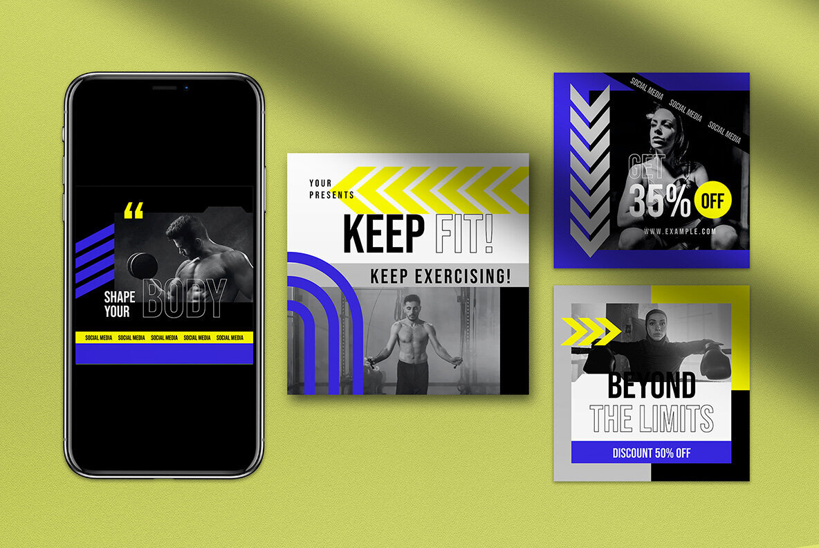 Blue Yellow Geometric Gym Instagram Pack 4